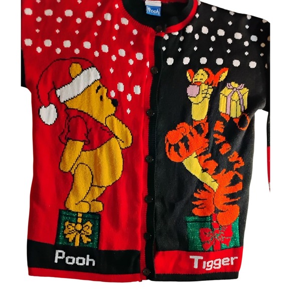 VINTAGE 90s Disney Winnie The Pooh Tigger Split Christmas Sweater Cardigan Large - Picture 3 of 6